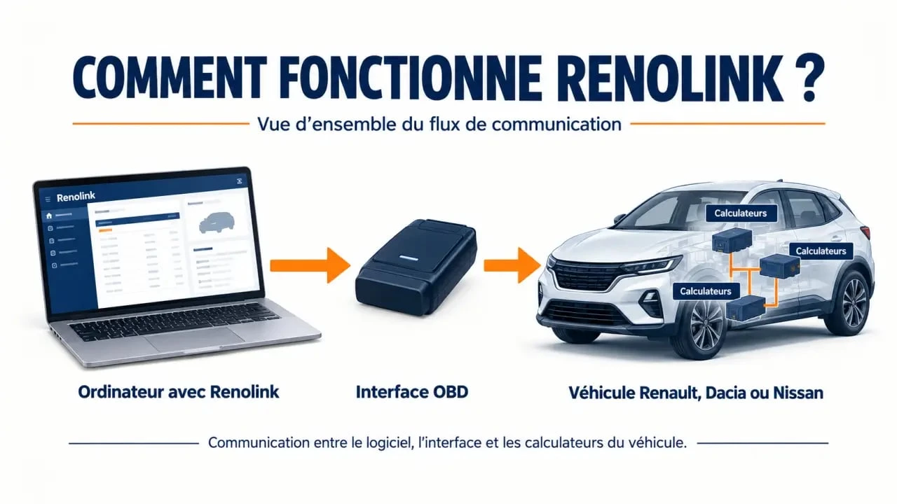 Schéma du fonctionnement de Renolink entre ordinateur, interface OBD et calculateur Renault