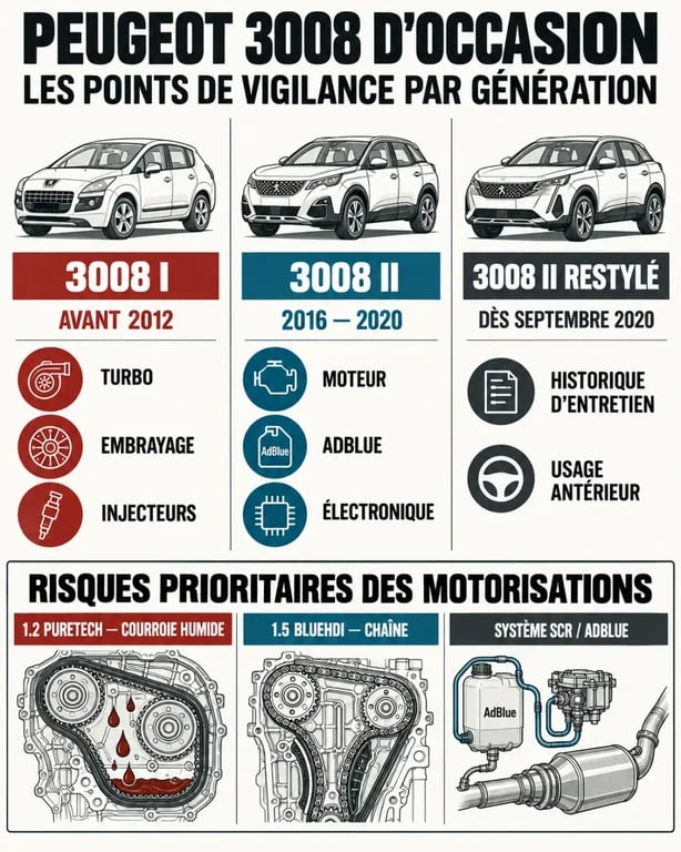 Infographie sur la fiabilité du Peugeot 3008 par génération et motorisation