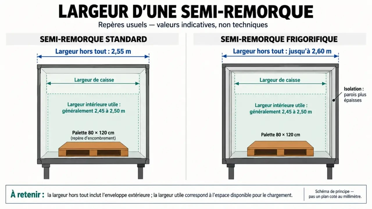 Infographie sur la semi-remorque largeur standard, frigorifique et intérieure utile