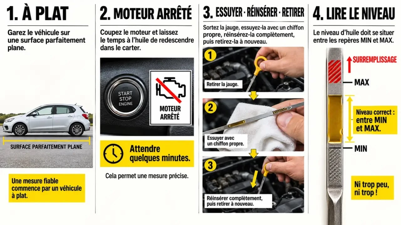 Vérification de la jauge en cas de trop d'huile dans le moteur, avec niveau entre MIN et MAX