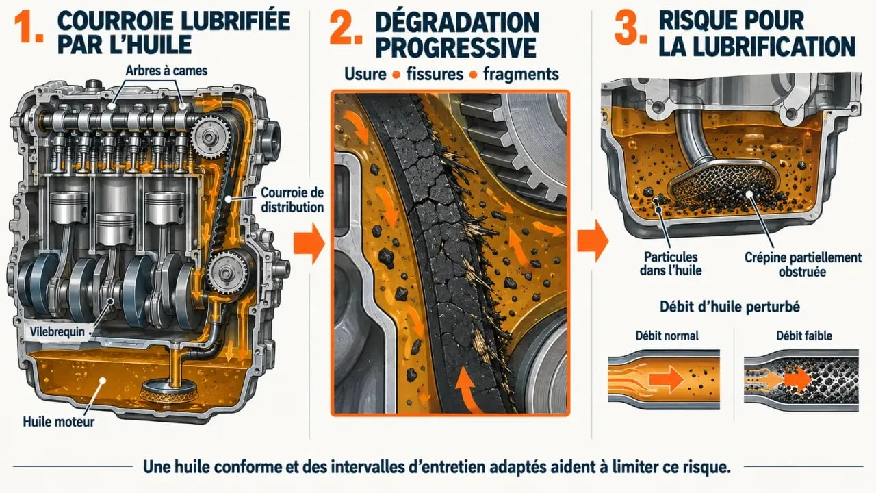Rappel Stellantis moteur PureTech : schéma de la courroie de distribution et des risques liés à sa dégradation