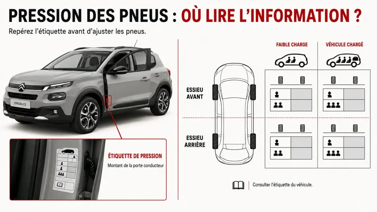 Pression pneu Citroën C3 : emplacement de l’étiquette constructeur et distinction entre essieu avant et arrière