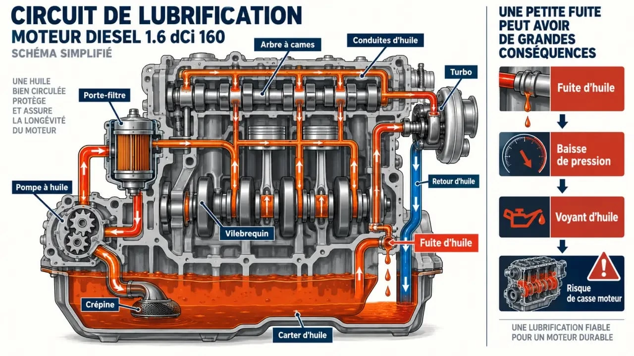 Schéma des problèmes moteur Renault 1.6 dCi 160 liés à la lubrification et à la pression d’huile