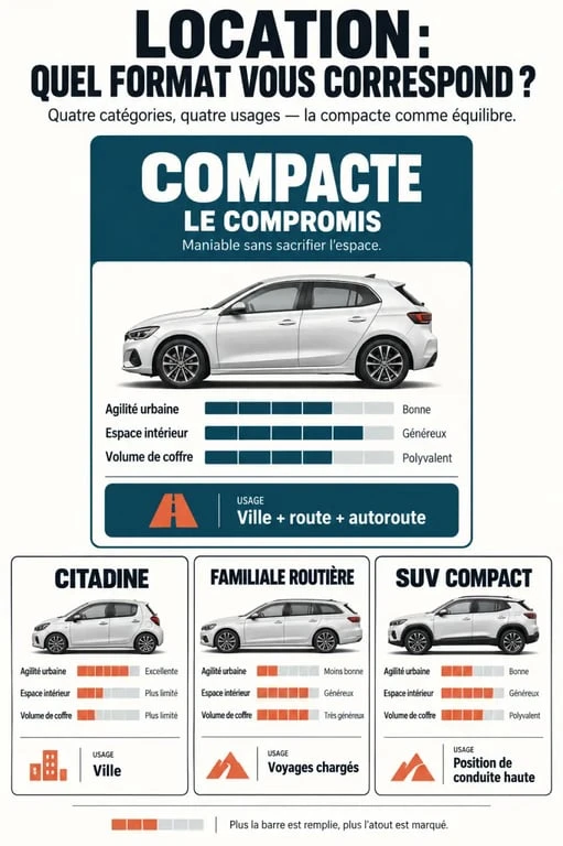 Infographie sur la location de voiture compacte et les différences entre citadine, compacte, familiale et SUV compact
