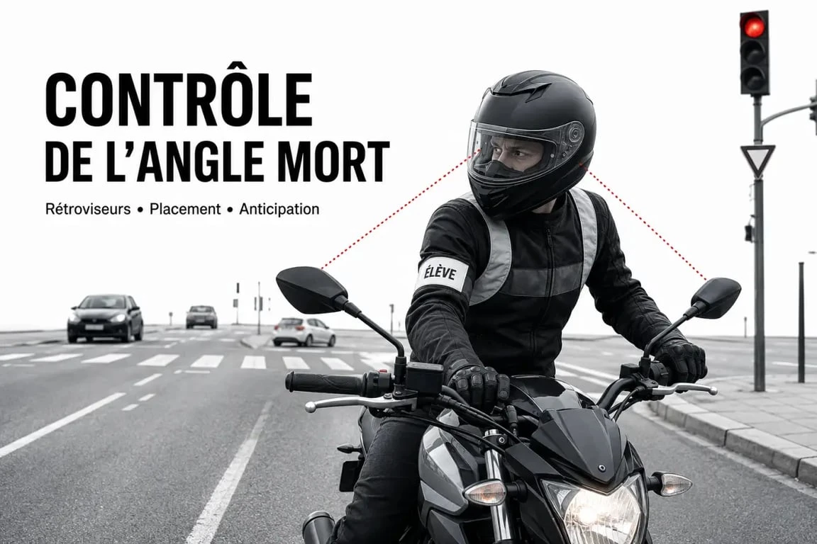 Permis moto circulation raté : motard candidat à un carrefour urbain en train de contrôler l’angle mort et son placement