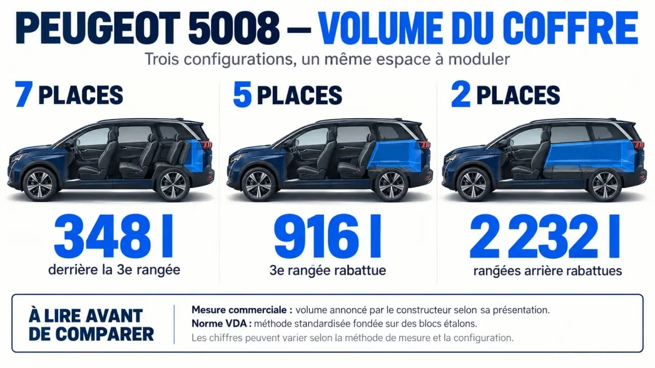 Infographie du volume du coffre du Peugeot 5008 selon les configurations 7, 5 et 2 places