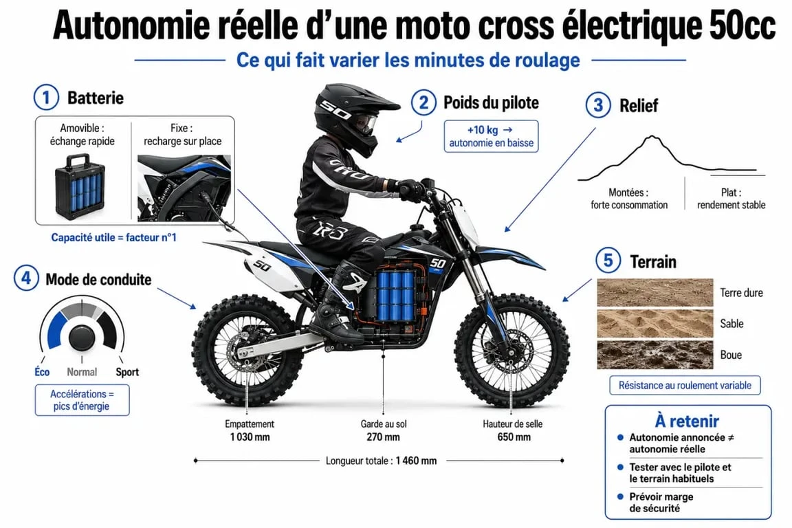 Moto cross electrique 50cc autonomie réelle et batterie amovible vs fixe