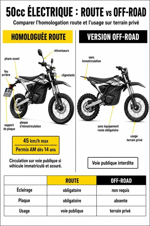Moto cross electrique 50cc homologuée route et version off-road en comparaison éditoriale
