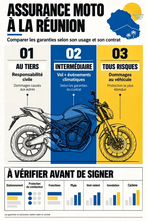 Infographie pour bien assurer sa moto pour rouler à La Réunion : formules, garanties et risques locaux
