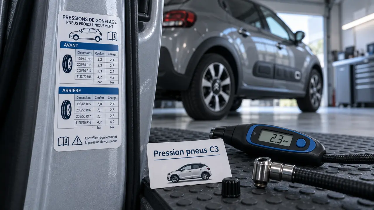 Étiquette pression pneu Citroën C3 sur montant de porte