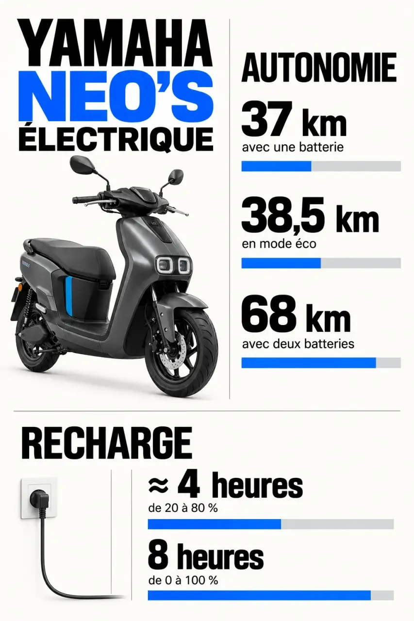 Infographie Yamaha scooter électrique Neo’s sur l’autonomie, la recharge et les batteries