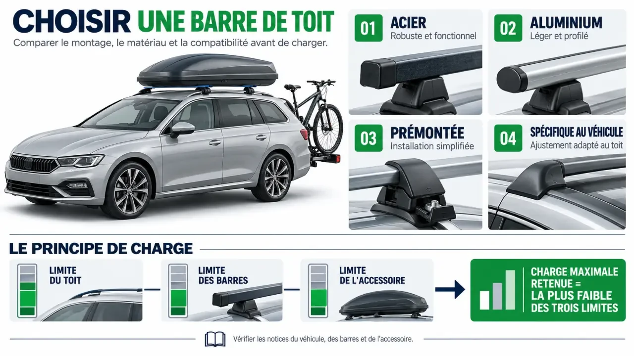 Infographie sur le choix d'une barre de toit Feu Vert et le calcul de la charge admissible