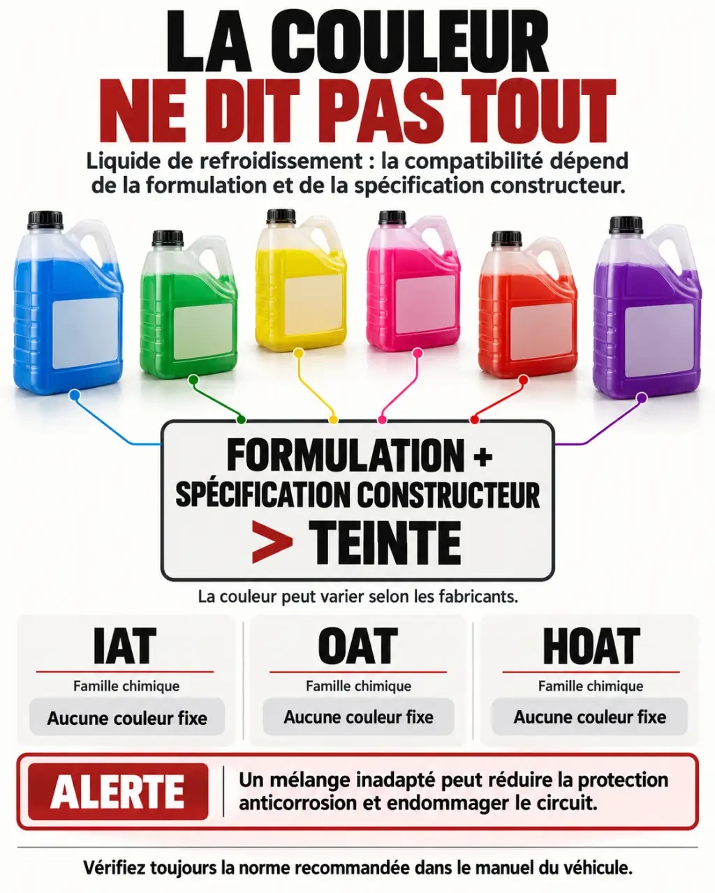 Infographie sur la couleur liquide de refroidissement et la compatibilité des formulations