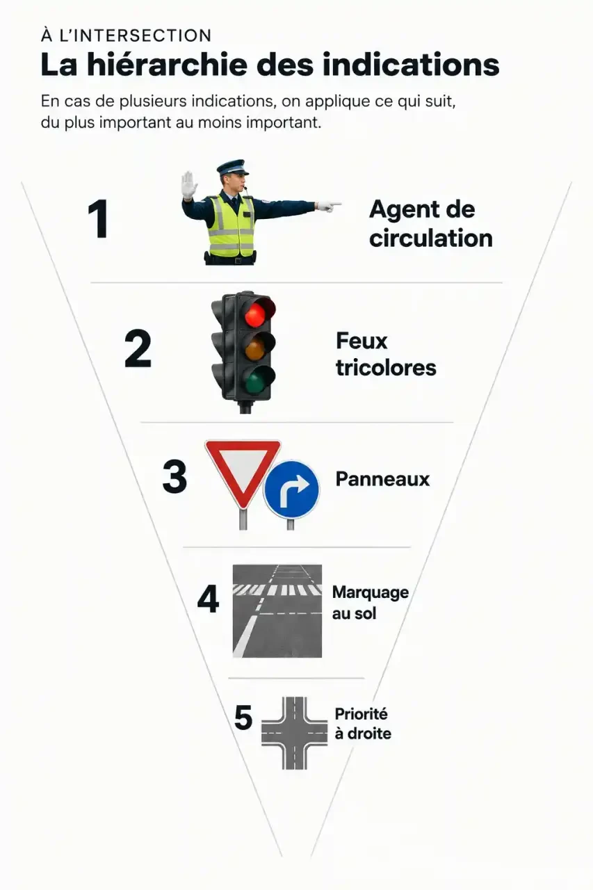 Hiérarchie des règles de priorité à une intersection, de l'agent de circulation à la priorité à droite