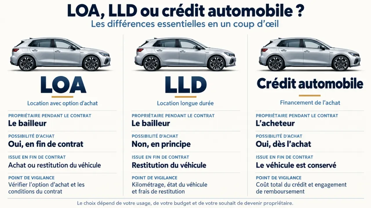 Leasing : comparaison visuelle entre LOA, LLD et crédit automobile