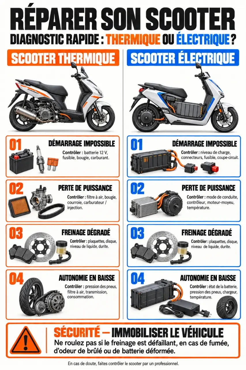 Infographie sur la réparation scooter thermique et électrique selon les symptômes