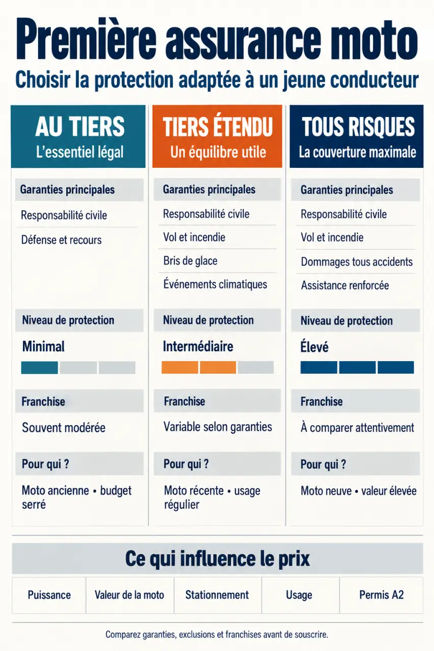 Infographie pour bien choisir sa première assurance moto en tant que jeune conducteur entre tiers, tiers étendu et tous risques